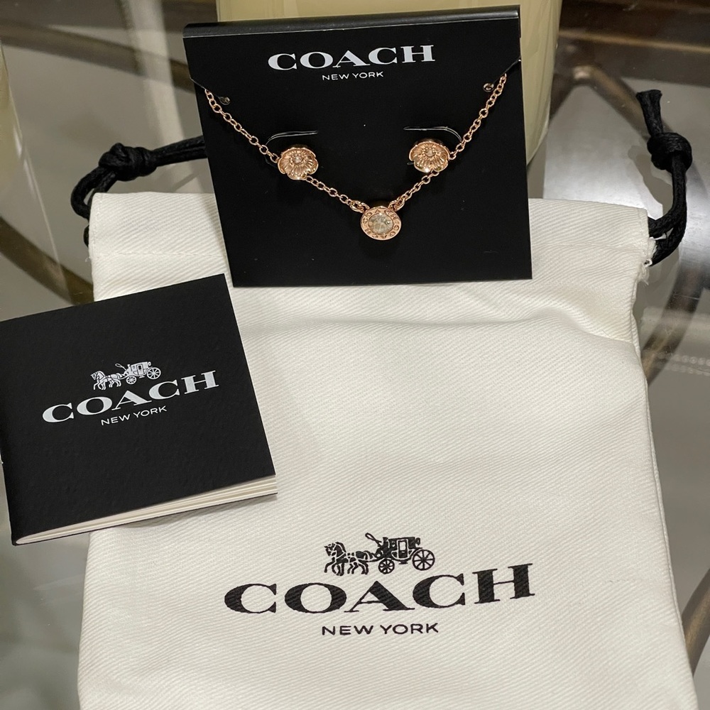 COACH Round Circle Necklace and Tea Rose Stud Earrings Set - Picture 10 of 14